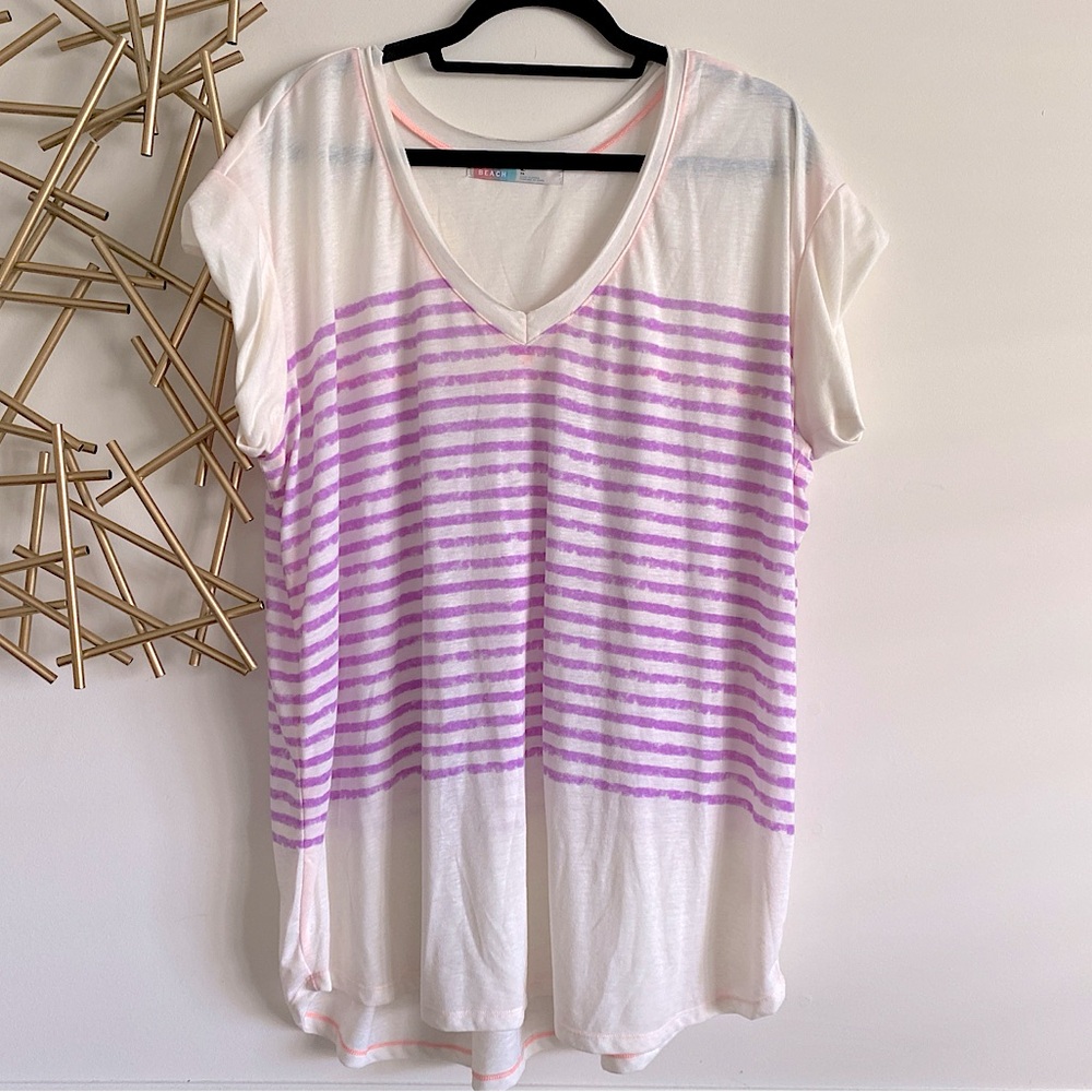 Free People Beach Long V-Neck Tee Cream with Purple Stripes & Rolled Sleeves -XL - Picture 1 of 4